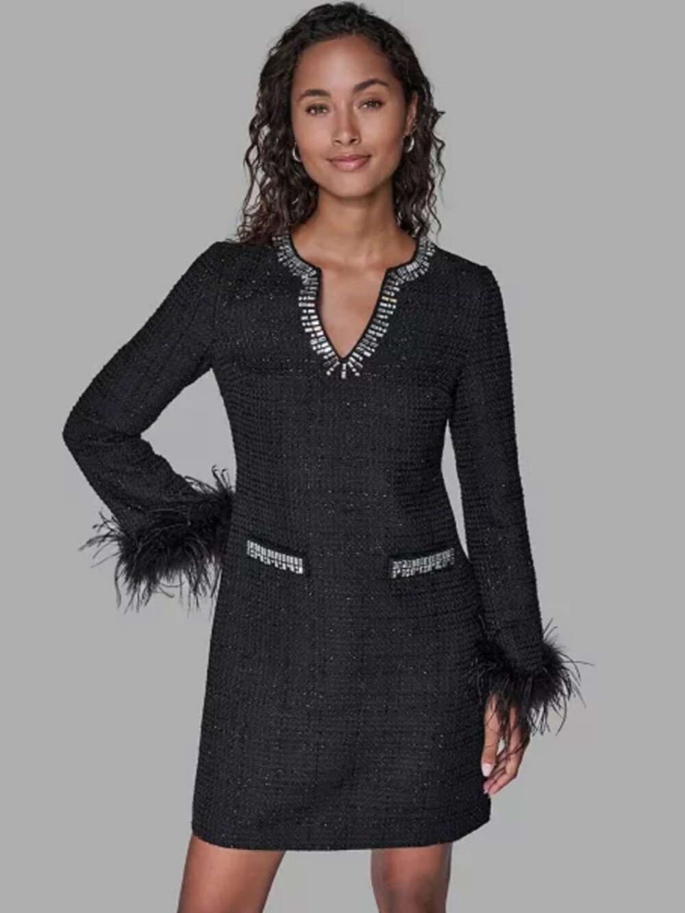 Karl Lagerfeld Black Tweed Dress Size 14 Rhinestone Trim Feather Cuff NWT